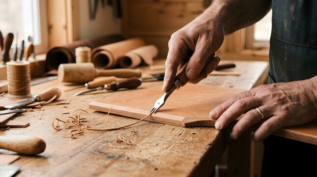 Close-up of leatherworker's hands beveling leather edge on wooden workbench with warm side light and tool kits