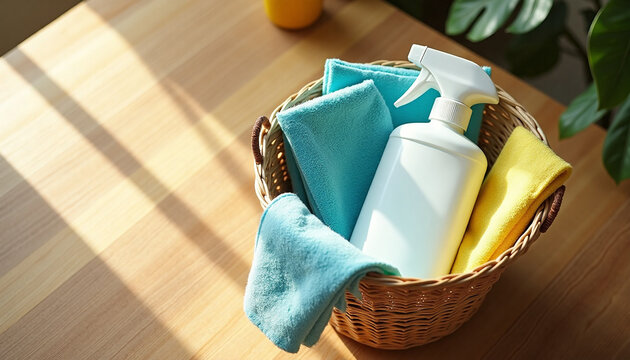 Basket with cleaning supplies, colorful microfiber cloths, and a white spray bottle on a wooden table