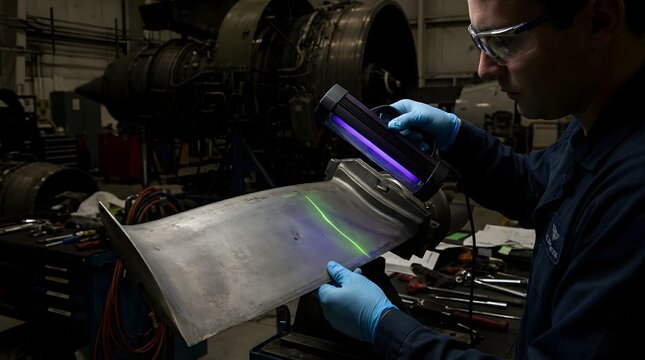 Technician performing fluorescent penetrant inspection on a jet engine turbine blade under ultraviolet light..