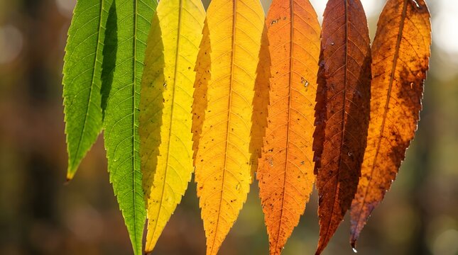 Autumn colored leaves hanging in a row displaying a gradient of fall colors
