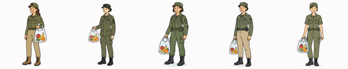 Fototapeta premium Set of vector illustrations of a female soldier carrying a transparent plastic bag filled with fruit.