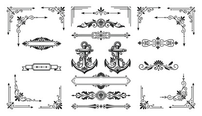 Vintage nautical dividers and frames with anchors for maritime themed stationery designs © MstZobeda