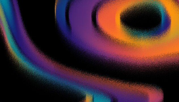 Retro abstract wave with noise and grain on black background, featuring a colorful gradient texture and soft digital grain effect. Futuristic 1970s inspired lines create a nostalgic vintage retro feel