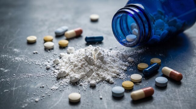 Addiction Medicine: Spilled pills and white powder symbolize opioid overdose and urgent need for rehabilitation
