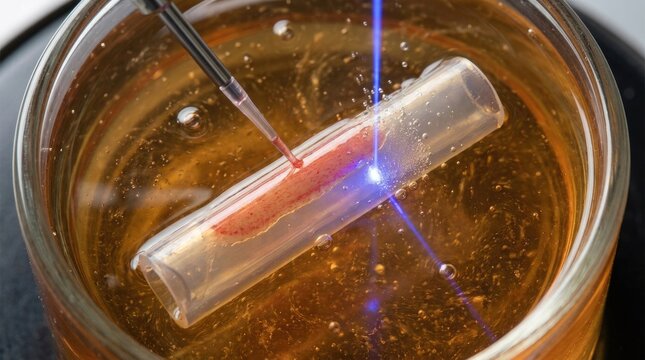 Translucent polymer tube containing living endothelial cells, being cured by blue laser, needle injecting bio ink inside warm amber liquid nutrient bath, fabricating artificial blood vessel.