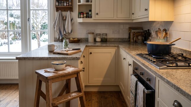 Pot simmering on a gas stove in a cozy rustic home kitchen during winter with snow visible through the window as preparations for a gathering continue on the granite countertop.