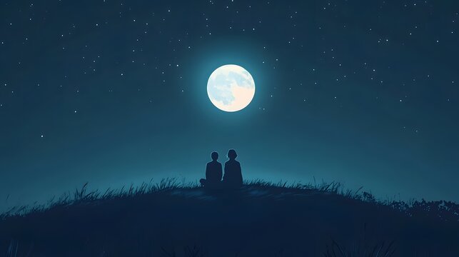 Anime couple watching stars on a hill under the moon 