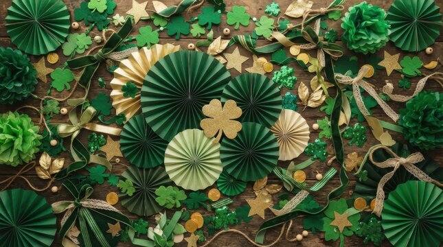 Festive St. Patrick's Day flat lay with green paper fans and gold shamrock decorations on wood