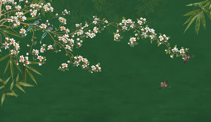Emerald green chinoiserie wallpaper with white blossom flowers, bamboo leaves and butterflies © Mondal Creation