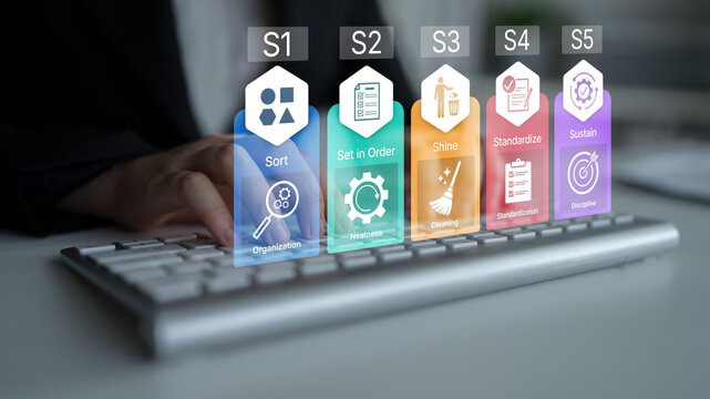 Colorful Infographic Workflow with Five Steps for Organizing and Improving Efficiency in a Modern Office Environment. Bitwise.