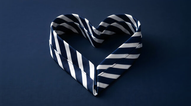A necktie folded into a heart shape on a dark blue background, symbolizing love and professional commitment