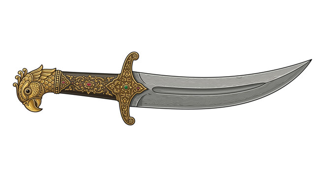 Ornate curved blade with bird head handle detailed vector illustration