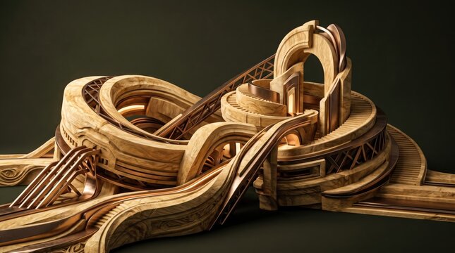 3d Digital Finance abstract background new design 2026 Intricate golden metal abstract sculpture with curved shapes on dark background illustration