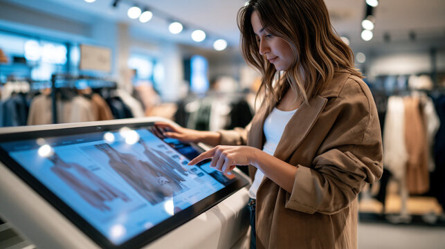 Young woman seen from behind using a digital retail touchscreen kiosk in a clothing store finger touching a product catalog display bright store interior with racks of clothes blurred