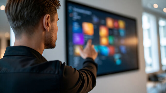 European man seen from behind using an interactive touchscreen display indoors hand tapping a large wall mounted screen with colorful tiles bright modern interior with white walls man