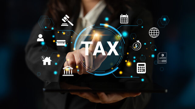 Digital Tax Management Concept with Icons Representing Finance, Business, and Law, Business Person Using Tablet for Tax Calculations and Planning Haptic.