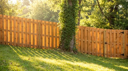Fototapeta premium Wooden fence in the backyard garden with green grass and sunlight