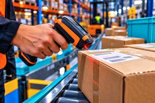 Warehouse worker scanning package on conveyor belt with handheld scanner