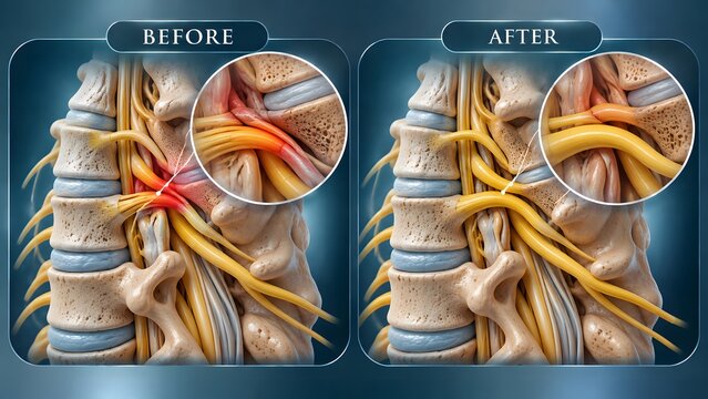 AI generated medical diagram of spinal decompression treatment showing pinched nerve relief before and after results.