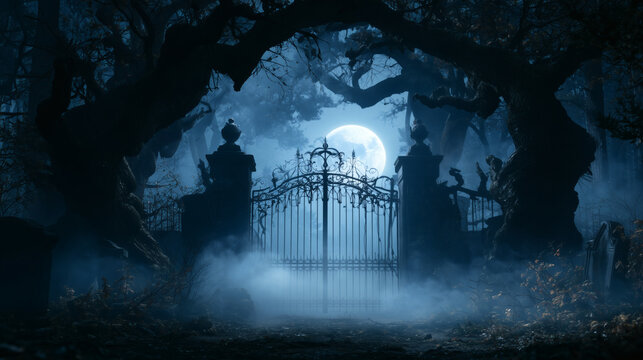 Spooky Horror Cemetery Gate Under Full Moon