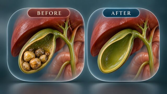 AI generated medical illustration of gallbladder before and after gallstone removal treatment and surgery