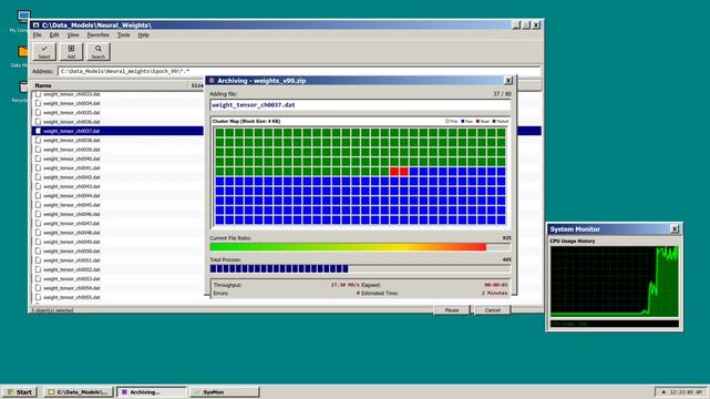 An ultimate 90s retro computing interface showing a complex multi-window setup: file explorer, segmented compression progress, block matrix visualization (defrag style), and a real-time CPU