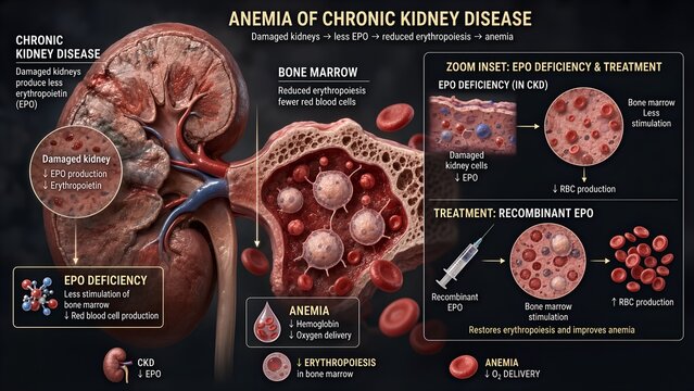 Educational medical graphic showing kidney and bone marrow relationship in chronic kidney disease anemia, low erythropoietin production, and recombinant epo therapy details