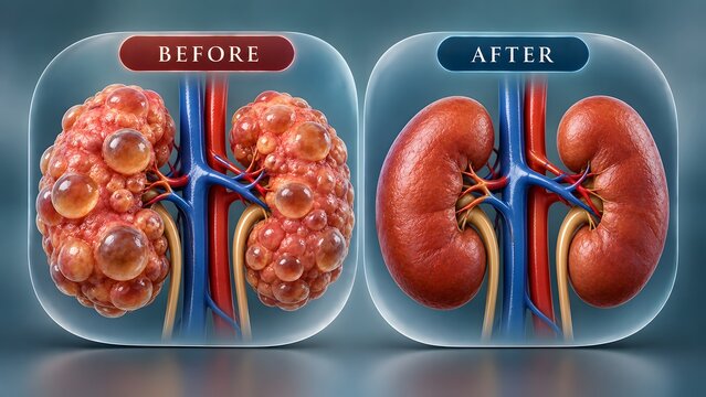 AI generated medical illustration of polycystic kidney disease before and after healthy recovery treatment comparison
