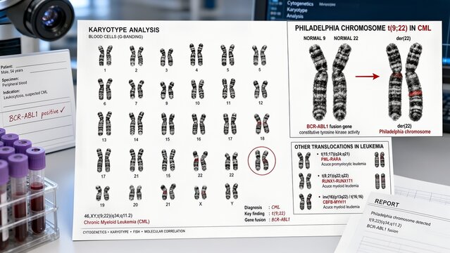 3d medical illustration of karyotype model showing blood cell chromosomal analysis, philadelphia chromosome t(9;22) translocation in chronic myeloid leukemia, and other translocations
