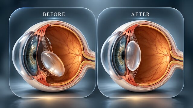 AI generated 3D illustration of eye lens replacement surgery before and after for ophthalmology education and treatment