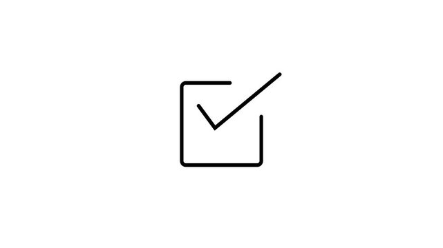 Animated 2D black check mark icon inside a square box on white background animation