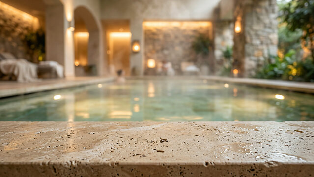 Travertine stone podium in luxury spa for product display