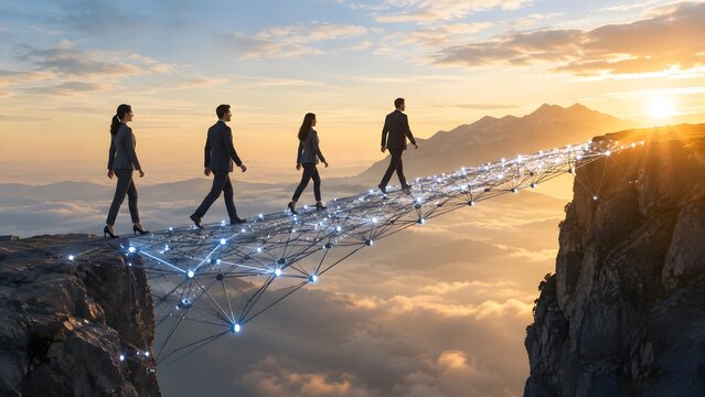 Businesspeople walk across a glowing network bridge at sunset over a mountain range