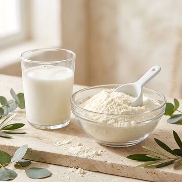Glass of Milk and Bowl of Milk Powder with Spoon on Wooden Board Stock Photo