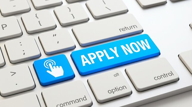 Online job application concept with a blue apply now button on a white computer keyboard.