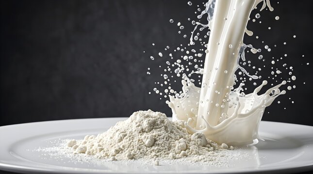 Dynamic Milk Pouring and Splash Onto Heap of Dry Milk Powder on White Plate Stock Photo