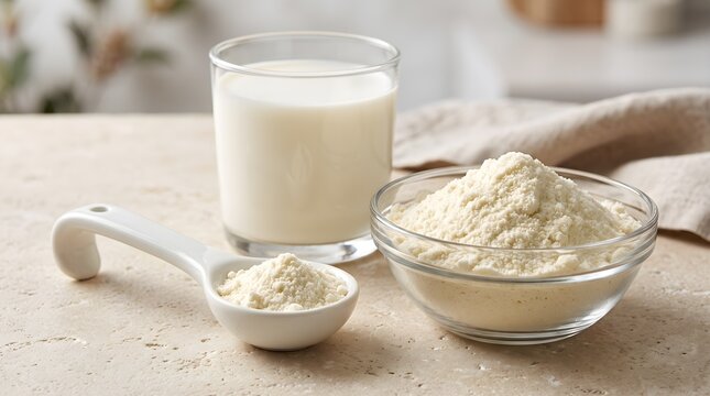 Ceramic Spoon with Milk Powder, Glass Bowl, and Fresh Milk on Light Tabletop Stock Photo