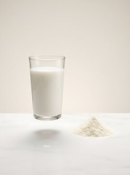 Levitating Glass of Fresh Milk Hovering Above Pile of Milk Powder Stock Photo