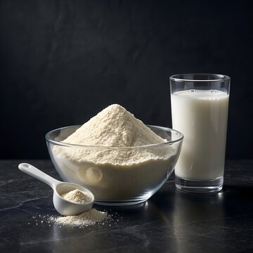 Glass Bowl of Milk Powder with Measuring Spoon and Glass of Milk on Dark Surface Stock Photo