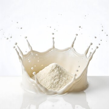 Milk Powder Mound Encapsulated in Crown Liquid Milk Splash on White Background Stock Photo
