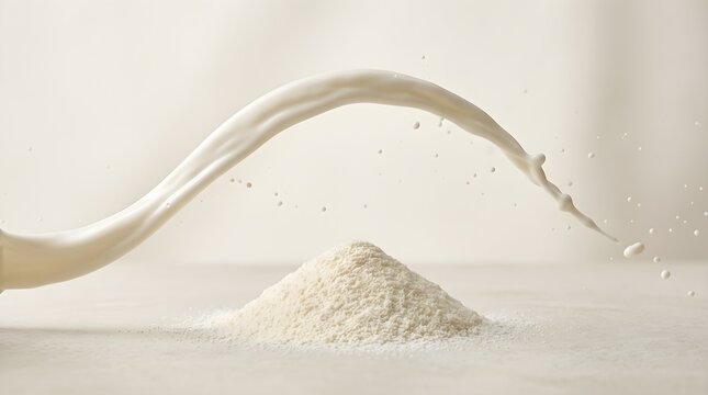 Arching Milk Splash Over Heap of Dry Milk Powder on Light Surface Stock Photo