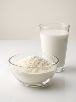 Glass Bowl of Milk Powder and Tall Glass of Fresh Milk on White Surface Stock Photo