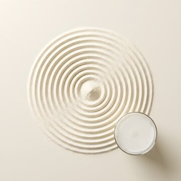 Zen Garden Style Concentric Raked Rings of Milk Powder with Small Cup of Milk Stock Photo