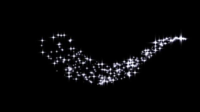 Luxury white glitter sparkles line trail, magic dust, pixie dust path, christmas stars isolated on a black screen, glowing star particles burst, magical dust trail overlay 4k