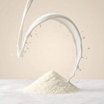 Dynamic Milk Splash Pouring Onto Heap of Dry Milk Powder on Light Gray Surface