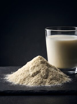 Heap of Dry Milk Powder and Glass of Fresh Milk on Dark Slate Background Stock Photo