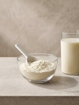 Bowl of Milk Powder with Spoon and Glass of Liquid Milk on Beige Background Stock Photo