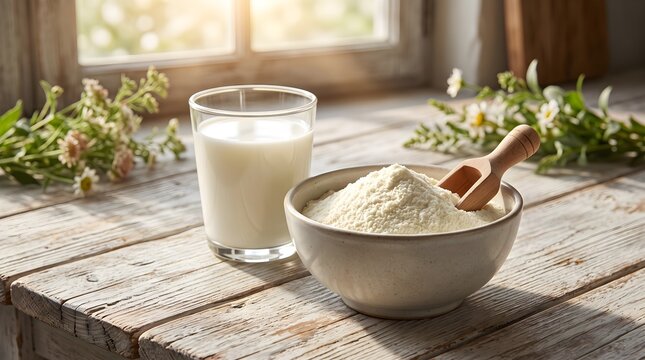Glass of Milk and Bowl of Milk Powder with Wooden Scoop on Rustic Table Stock Photo