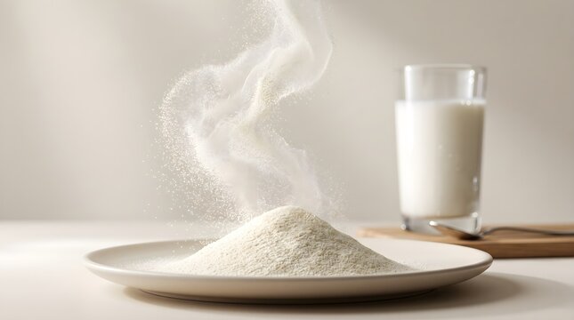 Heap of Milk Powder on White Plate with Steam Effect and Glass of Milk Stock Photo