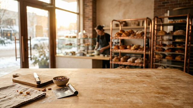 Wooden bakery table for artisan food product display mockup
